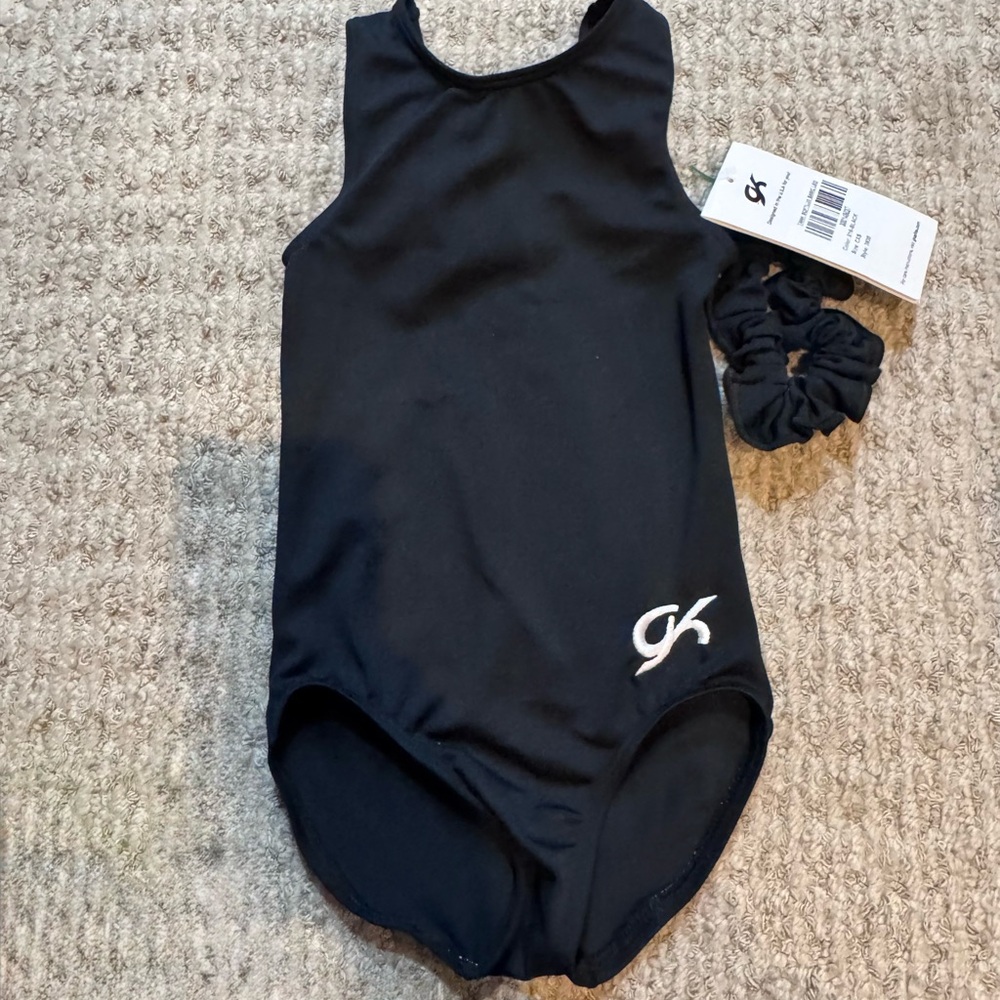 GK Black Girls' Athletic One-Piece Leotard with Matching Scrunchie